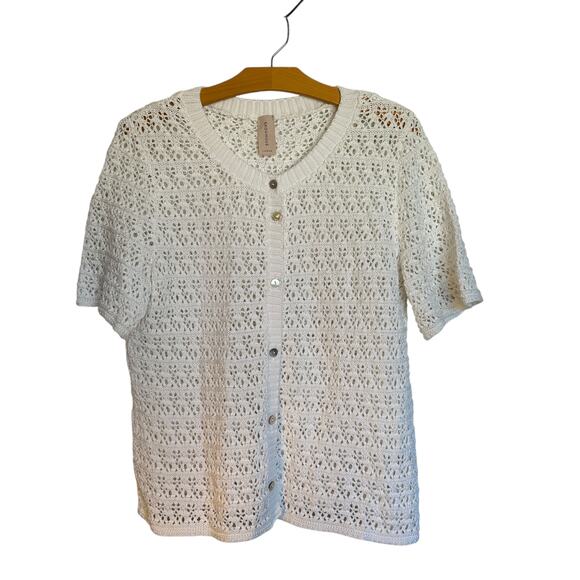 Skovhuus Short Sleeve Cardigan Button Front Sweater White Knit Granny Coastal L - Picture 1 of 8